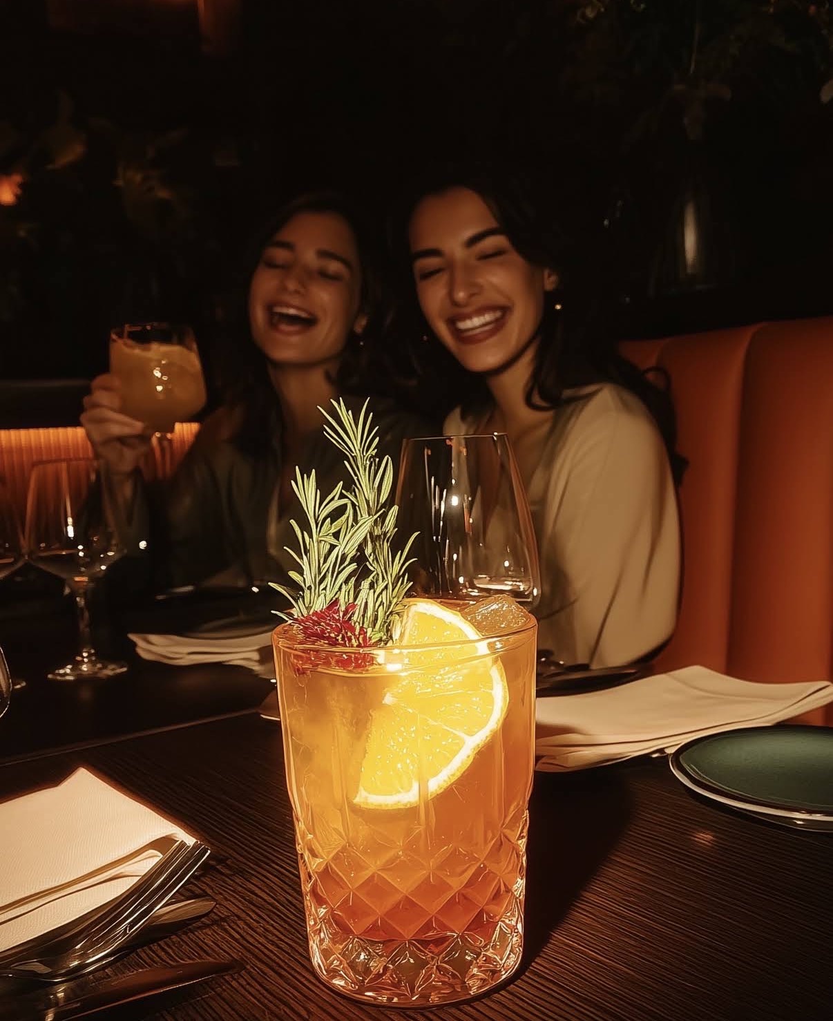 Orange cocktail with two guests smiling at a table at Mangut Banus in Marbella
